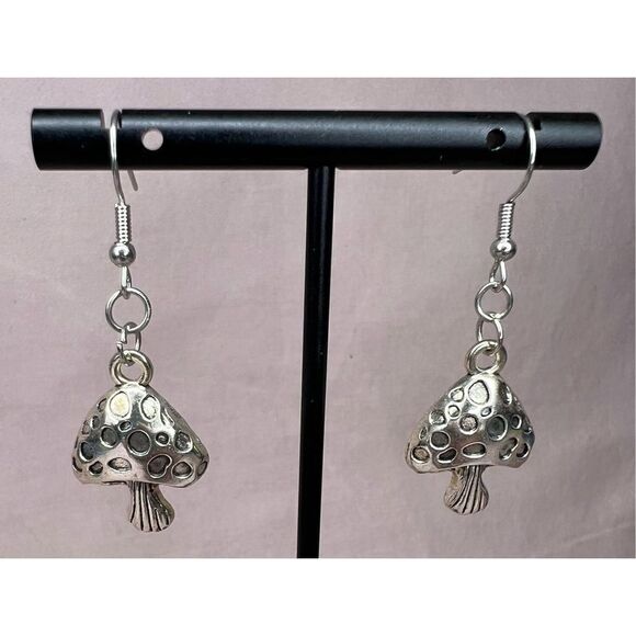 Handmade Silver Dangly Mushroom Earrings - Picture 2 of 3